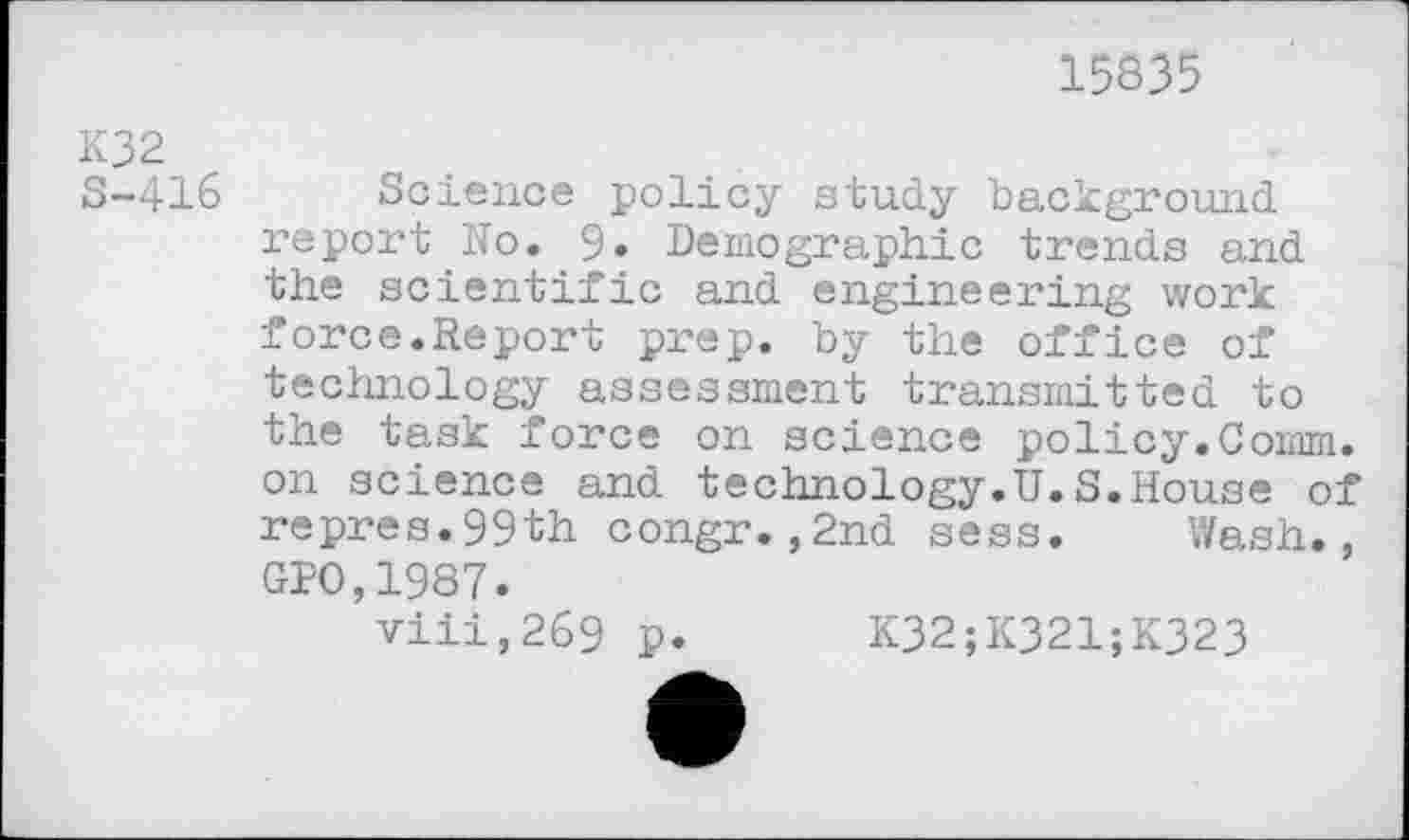 ﻿15835
K32 S-416
Science policy study background report No. 9. Demographic trends and the scientific and engineering work force.Report prep, by the office of technology assessment transmitted to the task force on science policy.Comm, on science and technology.U.S.House of repres.99th congr.,2nd sess. Wash., GPO,1987.
viii,269 p. K32;K321;K323